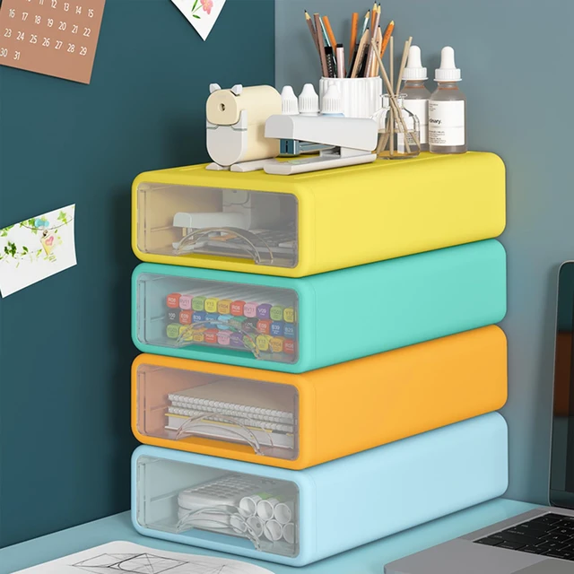 Alt view image 7 of 7 - Desk Organizer with Drawers, Stackable Storage Drawers with Compartments Desktop Organization for Office Supplies, Makeup, Pencils, Tape, Erasers, Paperclips, Chargers (4 Pack)