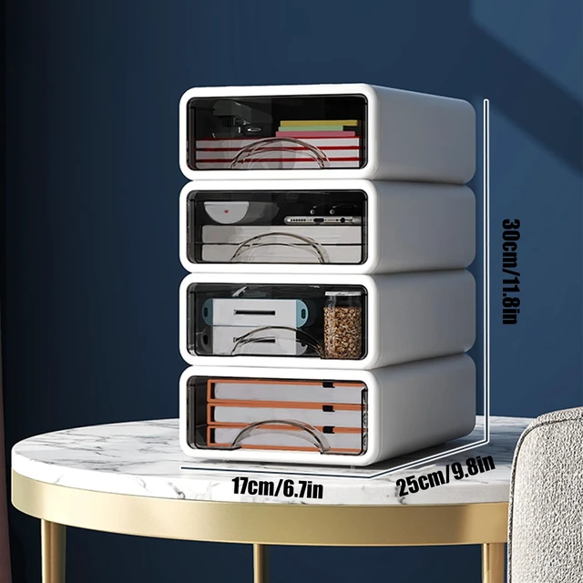 Alt view image 3 of 7 - Desk Organizer with Drawers, Stackable Storage Drawers with Compartments Desktop Organization for Office Supplies, Makeup, Pencils, Tape, Erasers, Paperclips, Chargers (4 Pack White)