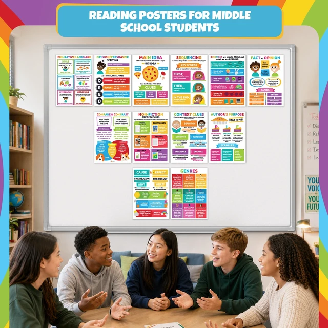 Alt view image 5 of 7 - 12 Pack 12x16 Reading Comprehension Posters Main Idea Posters Critical Thinking Classroom Reading Charts Wall Chart for School Covers Main idea, Sequencing, Authors purpose and More