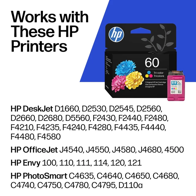 Alt view image 2 of 7 - 60 Tri-Color Ink Cartridge Works with DeskJet D1660, D2500, D2600, D5560, F2400, F4200, F4400, F4580, Envy 100, OfficeJet J4500, J4680, 4500, PhotoSmart C4600, C4700, D110a Series CC643WN