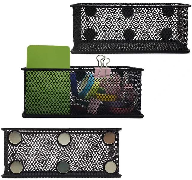 Main image of Magnetic Pencil Holder Set of 3 - Black Wire Mesh Storage Baskets Organizer with Strong Magnets - Perfect for Whiteboard, Refrigerator and Locker Accessories