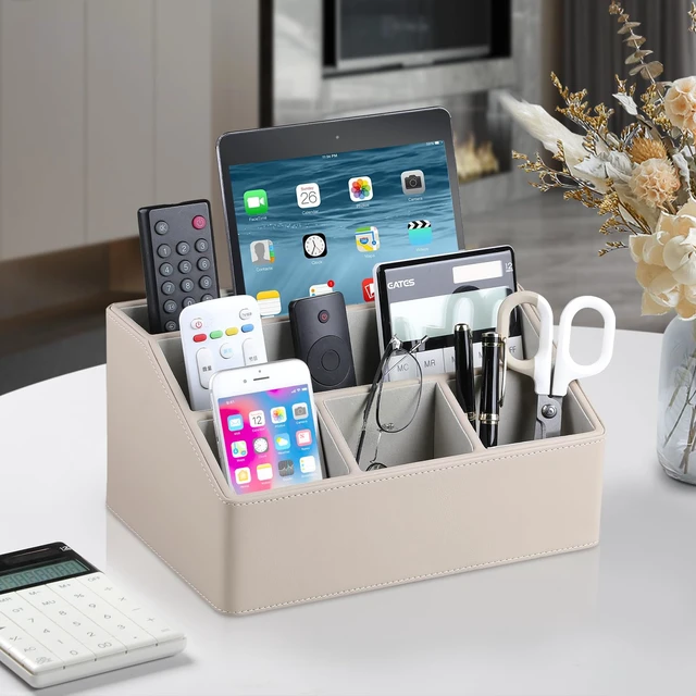 Alt view image 2 of 7 - PU Leather Desk Organizer, Remote Control Holder (Dark Beige) Luxury Nightstand Organizer for Home, Office Desk Accessories, Bedside Table Caddy with 5 Compartments, Velvet Lining
