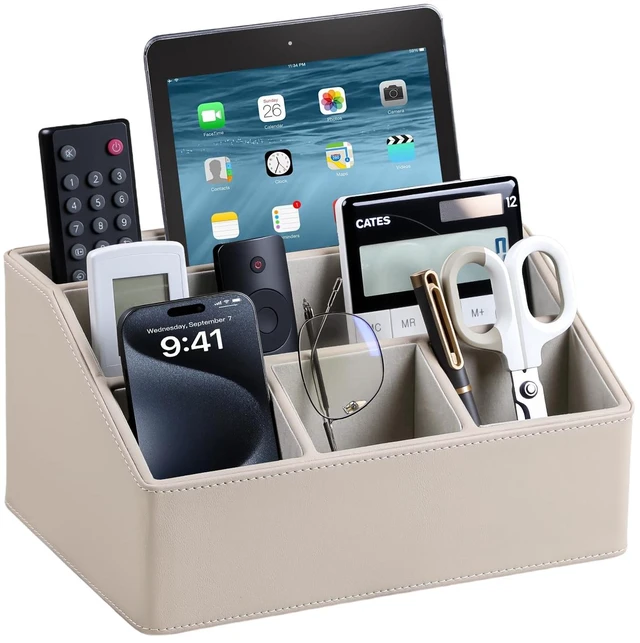 Main image of PU Leather Desk Organizer, Remote Control Holder (Dark Beige) Luxury Nightstand Organizer for Home, Office Desk Accessories, Bedside Table Caddy with 5 Compartments, Velvet Lining