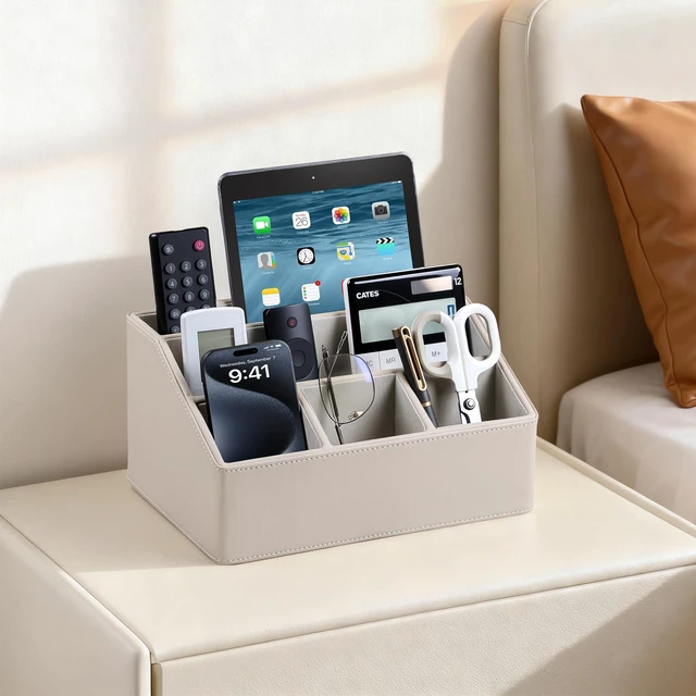 Alt view image 3 of 7 - PU Leather Desk Organizer, Remote Control Holder (Dark Beige) Luxury Nightstand Organizer for Home, Office Desk Accessories, Bedside Table Caddy with 5 Compartments, Velvet Lining