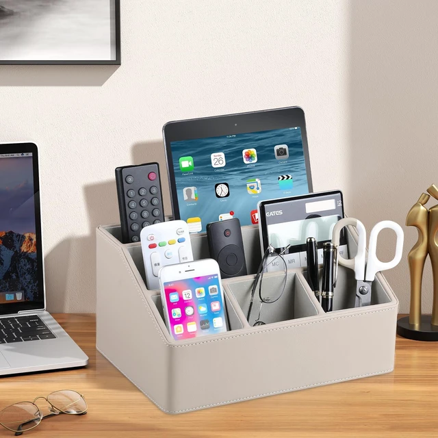 Alt view image 6 of 7 - PU Leather Desk Organizer, Remote Control Holder (Dark Beige) Luxury Nightstand Organizer for Home, Office Desk Accessories, Bedside Table Caddy with 5 Compartments, Velvet Lining