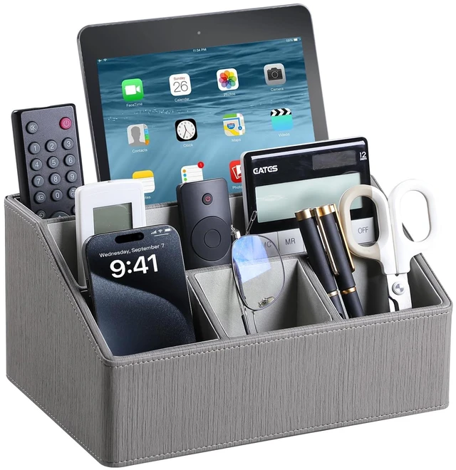 Main image of PU Leather Desk Organizer, Remote Control Holder (Grey) Luxury Nightstand Organizer for Home, Office Desk Accessories, Bedside Table Caddy with 5 Compartments, Velvet Lining