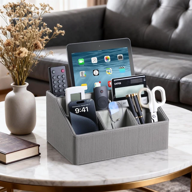Alt view image 2 of 7 - PU Leather Desk Organizer, Remote Control Holder (Grey) Luxury Nightstand Organizer for Home, Office Desk Accessories, Bedside Table Caddy with 5 Compartments, Velvet Lining