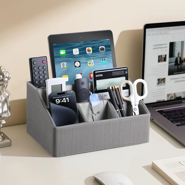 Alt view image 3 of 7 - PU Leather Desk Organizer, Remote Control Holder (Grey) Luxury Nightstand Organizer for Home, Office Desk Accessories, Bedside Table Caddy with 5 Compartments, Velvet Lining