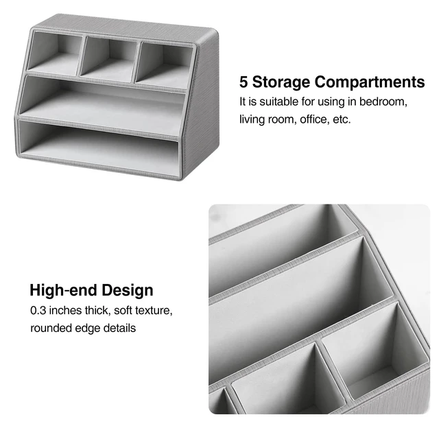 Alt view image 5 of 7 - PU Leather Desk Organizer, Remote Control Holder (Grey) Luxury Nightstand Organizer for Home, Office Desk Accessories, Bedside Table Caddy with 5 Compartments, Velvet Lining