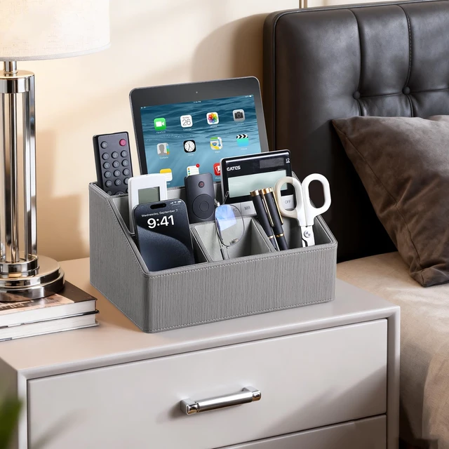 Alt view image 6 of 7 - PU Leather Desk Organizer, Remote Control Holder (Grey) Luxury Nightstand Organizer for Home, Office Desk Accessories, Bedside Table Caddy with 5 Compartments, Velvet Lining