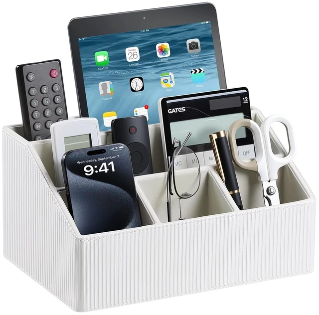 Main image of PU Leather Desk Organizer, Remote Control Holder (Ivory) Luxury Nightstand Organizer for Home, Office Desk Accessories, Bedside Table Caddy with 5 Compartments, Velvet Lining