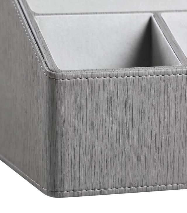 Alt view image 7 of 7 - PU Leather Desk Organizer, Remote Control Holder (Grey) Luxury Nightstand Organizer for Home, Office Desk Accessories, Bedside Table Caddy with 5 Compartments, Velvet Lining