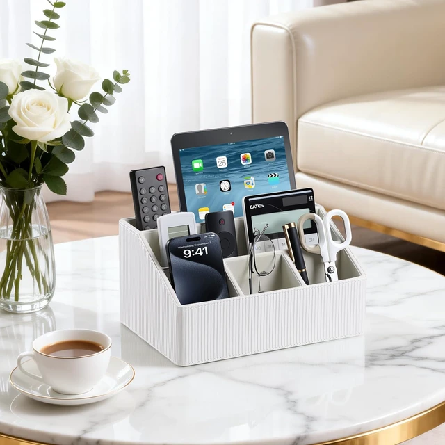 Alt view image 2 of 7 - PU Leather Desk Organizer, Remote Control Holder (Ivory) Luxury Nightstand Organizer for Home, Office Desk Accessories, Bedside Table Caddy with 5 Compartments, Velvet Lining