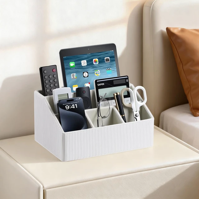Alt view image 3 of 7 - PU Leather Desk Organizer, Remote Control Holder (Ivory) Luxury Nightstand Organizer for Home, Office Desk Accessories, Bedside Table Caddy with 5 Compartments, Velvet Lining