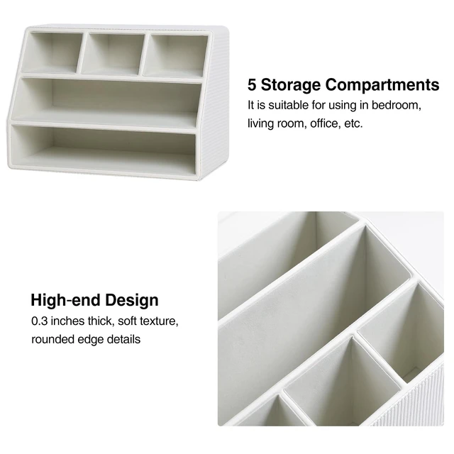 Alt view image 5 of 7 - PU Leather Desk Organizer, Remote Control Holder (Ivory) Luxury Nightstand Organizer for Home, Office Desk Accessories, Bedside Table Caddy with 5 Compartments, Velvet Lining