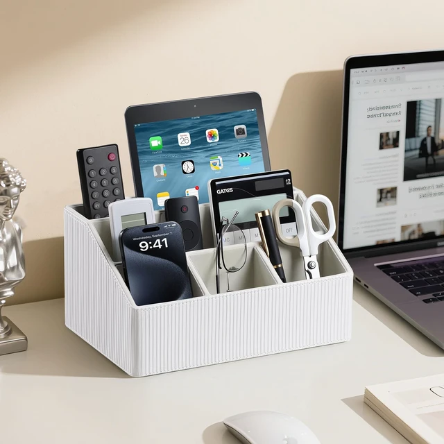 Alt view image 6 of 7 - PU Leather Desk Organizer, Remote Control Holder (Ivory) Luxury Nightstand Organizer for Home, Office Desk Accessories, Bedside Table Caddy with 5 Compartments, Velvet Lining