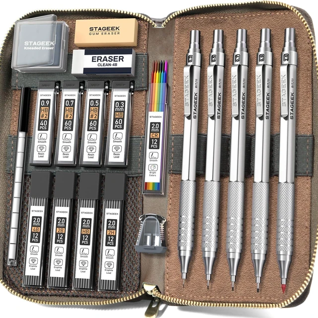 Main image of 20Pcs Silver Metal Mechanical Pencil Set with Leather Case 5PCS Art Drafting Pencils, 0.3, 0.5, 0.7, 0.9, 2.0MM Drawing Pencils, 9 Tube (4B 2B HB 2H Colors) Lead Refills, Erasers