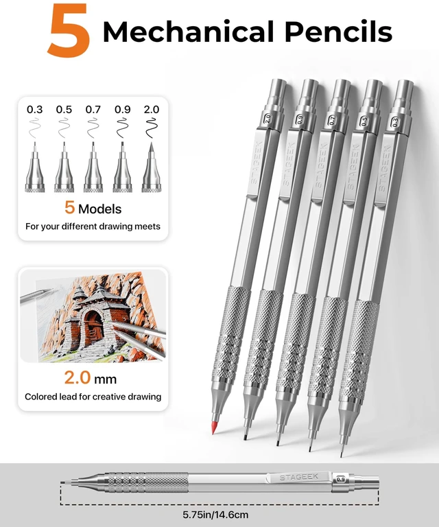 Alt view image 3 of 7 - 20Pcs Silver Metal Mechanical Pencil Set with Leather Case 5PCS Art Drafting Pencils, 0.3, 0.5, 0.7, 0.9, 2.0MM Drawing Pencils, 9 Tube (4B 2B HB 2H Colors) Lead Refills, Erasers