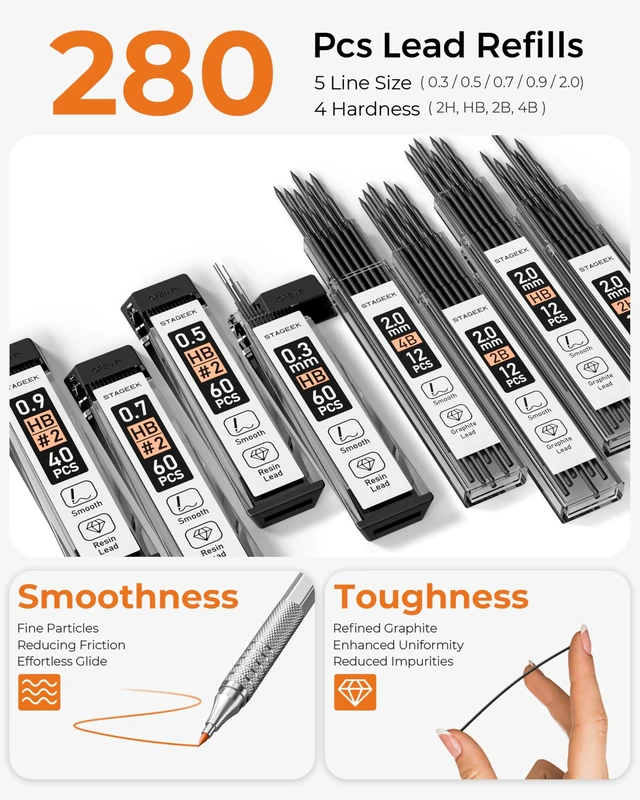Alt view image 4 of 7 - 20Pcs Silver Metal Mechanical Pencil Set with Leather Case 5PCS Art Drafting Pencils, 0.3, 0.5, 0.7, 0.9, 2.0MM Drawing Pencils, 9 Tube (4B 2B HB 2H Colors) Lead Refills, Erasers