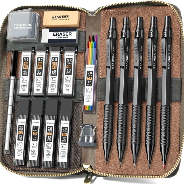 Main image of 20Pcs Black Metal Mechanical Pencil Set with Leather Case 5PCS Art Drafting Pencils, 0.3, 0.5, 0.7, 0.9, 2.0MM Drawing Pencils, 9 Tube (4B 2B HB 2H Colors) Lead Refills, Erasers