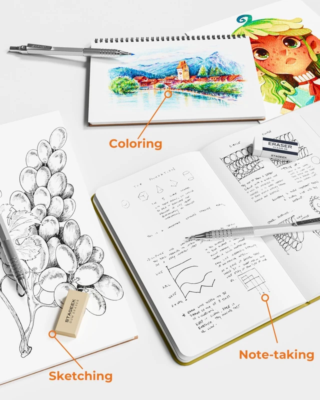 Alt view image 7 of 7 - 20Pcs Silver Metal Mechanical Pencil Set with Leather Case 5PCS Art Drafting Pencils, 0.3, 0.5, 0.7, 0.9, 2.0MM Drawing Pencils, 9 Tube (4B 2B HB 2H Colors) Lead Refills, Erasers