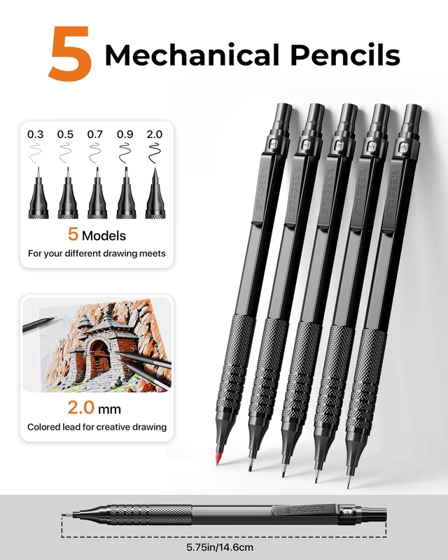 Alt view image 3 of 7 - 20Pcs Black Metal Mechanical Pencil Set with Leather Case 5PCS Art Drafting Pencils, 0.3, 0.5, 0.7, 0.9, 2.0MM Drawing Pencils, 9 Tube (4B 2B HB 2H Colors) Lead Refills, Erasers