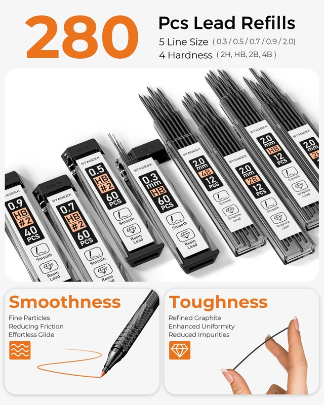 Alt view image 4 of 7 - 20Pcs Black Metal Mechanical Pencil Set with Leather Case 5PCS Art Drafting Pencils, 0.3, 0.5, 0.7, 0.9, 2.0MM Drawing Pencils, 9 Tube (4B 2B HB 2H Colors) Lead Refills, Erasers
