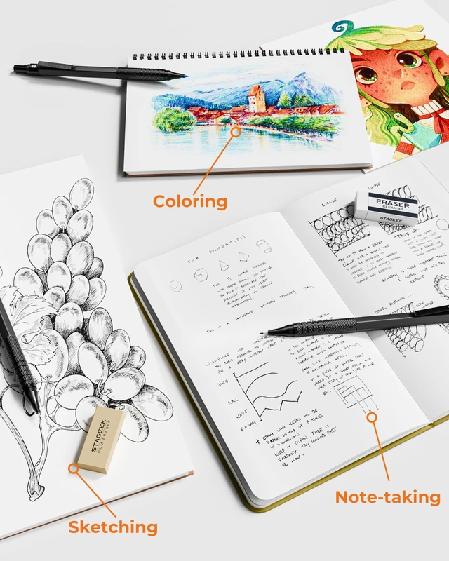Alt view image 7 of 7 - 20Pcs Black Metal Mechanical Pencil Set with Leather Case 5PCS Art Drafting Pencils, 0.3, 0.5, 0.7, 0.9, 2.0MM Drawing Pencils, 9 Tube (4B 2B HB 2H Colors) Lead Refills, Erasers