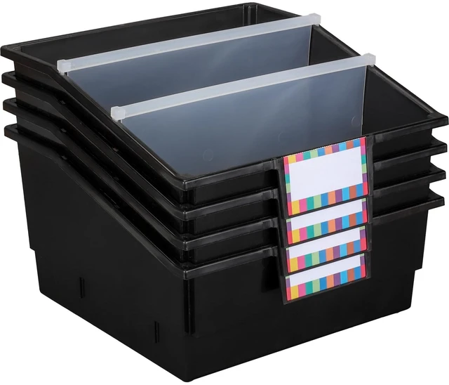 Main image of Black Picture Book Classroom Library Bins, 4 Pack 13.5" x 13.5" x 7.75, Large Plastic Bin Organizers for Book Organization, Documents, Files, Magazines
