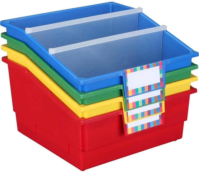 Main image of Picture Book Classroom Library Bins with Dividers 13.5" x 13.5" x 7.75, 4-Pack, Rainbow, Large Plastic Bin Organizers for Book Organization