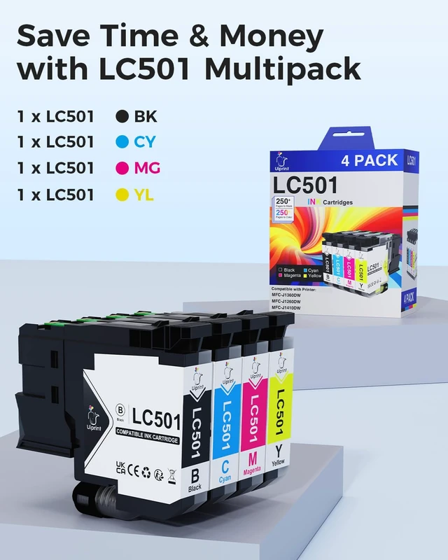 Alt view image 6 of 7 - LC501 Ink Cartridges for Brother Printer MFC-J1360DW MFC-J1410DW Compatible with Brother LC501 LC501XL Series Ink Cartridges LC5014PK 4-Pack Standard Yield (BK250 Pages, C/Y/M200 Pages)