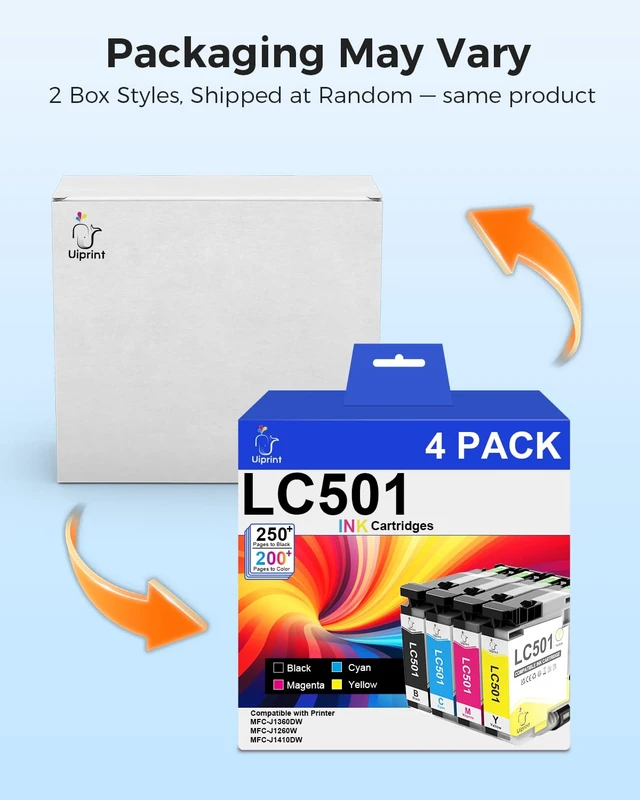 Alt view image 7 of 7 - LC501 Ink Cartridges for Brother Printer MFC-J1360DW MFC-J1410DW Compatible with Brother LC501 LC501XL Series Ink Cartridges LC5014PK 4-Pack Standard Yield (BK250 Pages, C/Y/M200 Pages)