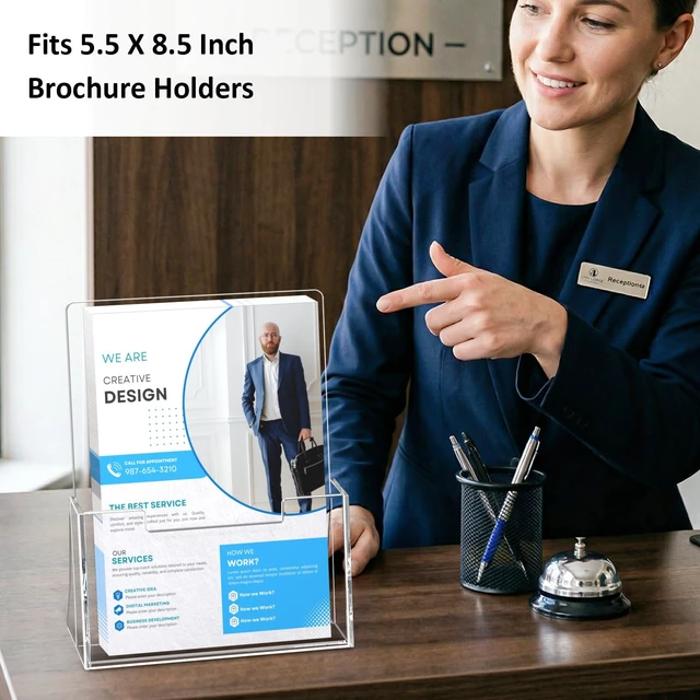 Alt view image 5 of 7 - Acrylic Brochure Holder 8.5 x 5.5 Inch, 6 Pack, Bi-fold Flyer Desk Holder Clear, Brochure Display Stands, for Pamphlets, Magazines, Leaflets, Literatures, Booklets, Countertop Organizer, Office