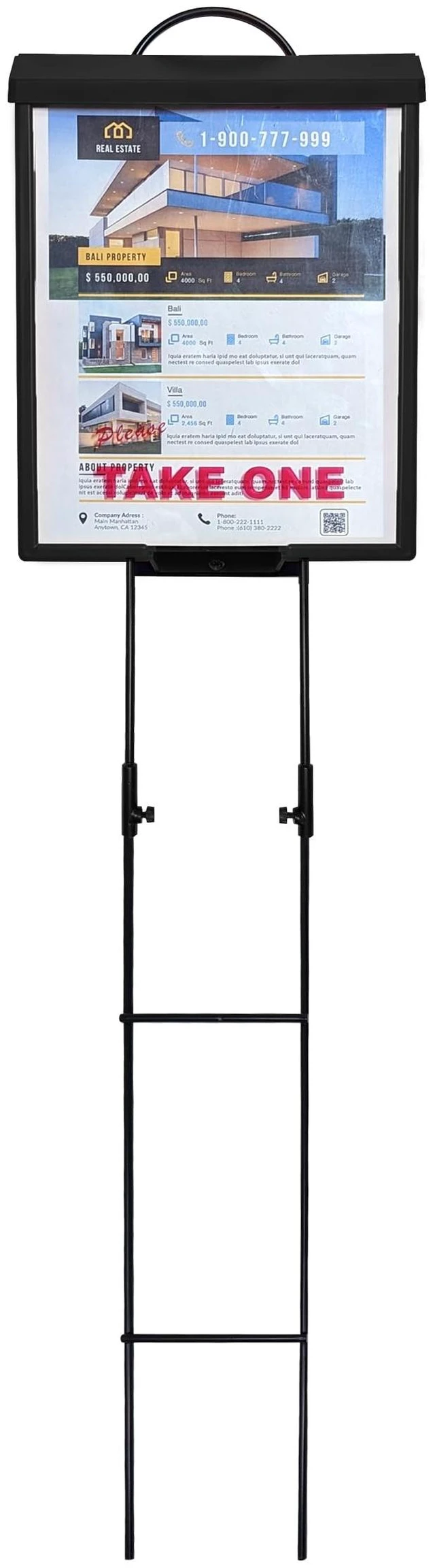 Main image of Outdoor Real Estate Brochure Box with Portable Two-Piece Metal Yard Stand Holds 250 Flyers, 60 Business Cards Easy-Install Marketing Display (1 Pack - Black)