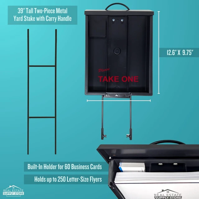 Alt view image 3 of 6 - Outdoor Real Estate Brochure Box with Portable Two-Piece Metal Yard Stand Holds 250 Flyers, 60 Business Cards Easy-Install Marketing Display (1 Pack - Black)