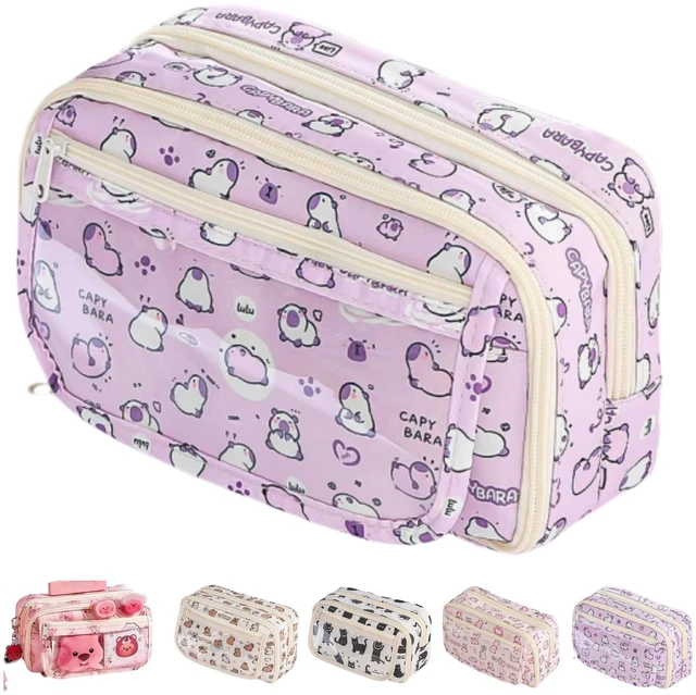 Main image of Cute Kawaii Pencil Case Pouch Cartoon Pen Box Holder Organizer for Office Workspace Supplies Desk Accessories Travel Essentials Aesthetic Trendy Cool Stuff Gift Large Capacity (Purple Kapibala)
