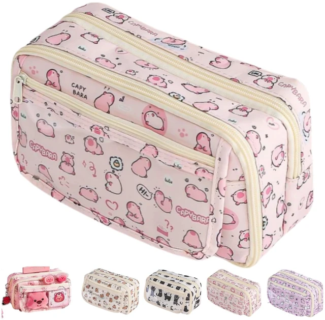 Main image of Cute Kawaii Pencil Case Pouch Cartoon Pen Box Holder Organizer for Office Workspace Supplies Desk Accessories Travel Essentials Aesthetic Trendy Cool Stuff Gift Large Capacity (Pink Kapibala)