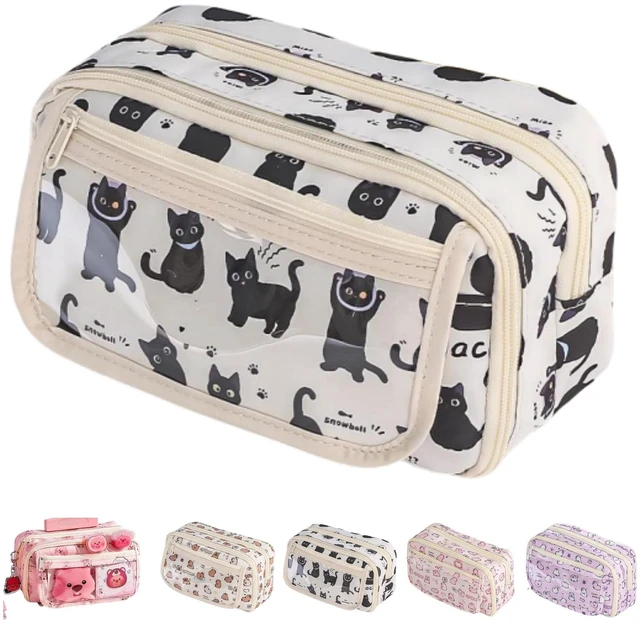 Main image of Cute Kawaii Pencil Case Pouch Cartoon Pen Box Holder Organizer for Office Workspace Supplies Desk Accessories Travel Essentials Aesthetic Trendy Cool Stuff Gift Large Capacity (Black Cat)