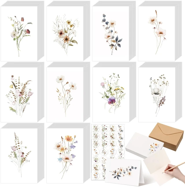 Main image of Blank Note Cards and Envelopes, 10 Designs, 100 Pcs, Floral Style 4x6 Folded Notecards Set, Watercolor Florals, Kraft Envelopes with Seal Stickers, Thank You Office Business