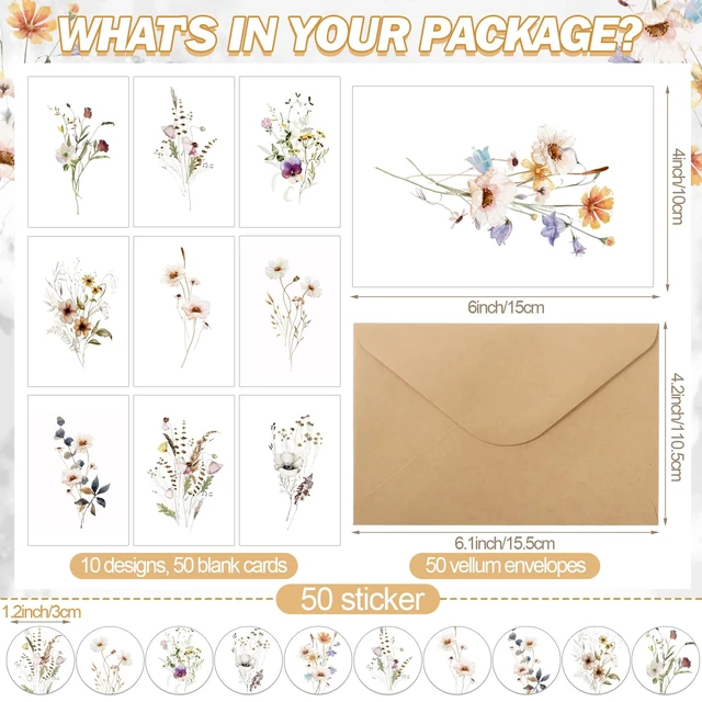 Alt view image 2 of 7 - Blank Note Cards and Envelopes, 10 Designs, 100 Pcs, Floral Style 4x6 Folded Notecards Set, Watercolor Florals, Kraft Envelopes with Seal Stickers, Thank You Office Business