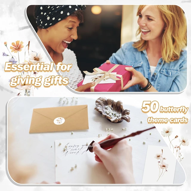 Alt view image 6 of 7 - Blank Note Cards and Envelopes, 10 Designs, 100 Pcs, Floral Style 4x6 Folded Notecards Set, Watercolor Florals, Kraft Envelopes with Seal Stickers, Thank You Office Business