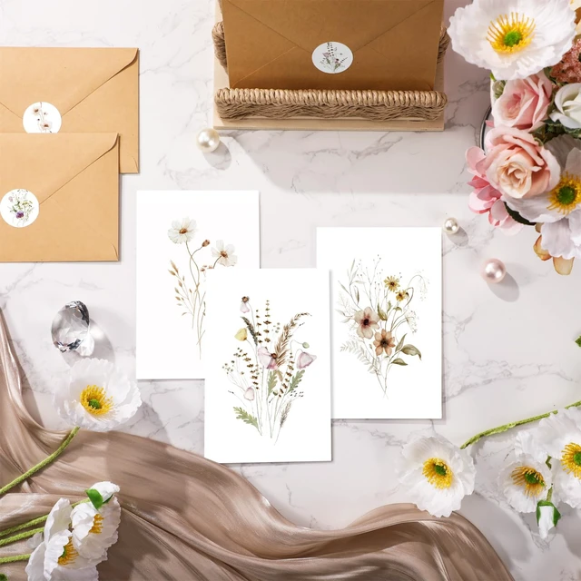 Alt view image 4 of 7 - Blank Note Cards and Envelopes, 10 Designs, 100 Pcs, Floral Style 4x6 Folded Notecards Set, Watercolor Florals, Kraft Envelopes with Seal Stickers, Thank You Office Business
