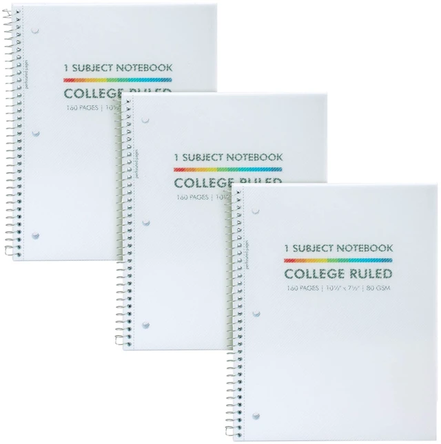 Main image of Single Subject Basics Notebook 3 Pack 10.5 x 7.5in Wire Bound Notepads with 160 Pages, 80 Sheets of 80GSM Paper Features 3-Hole Punch Margins and Clear Polypropylene Cover