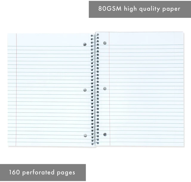 Alt view image 4 of 7 - Single Subject Basics Notebook 3 Pack 10.5 x 7.5in Wire Bound Notepads with 160 Pages, 80 Sheets of 80GSM Paper Features 3-Hole Punch Margins and Clear Polypropylene Cover