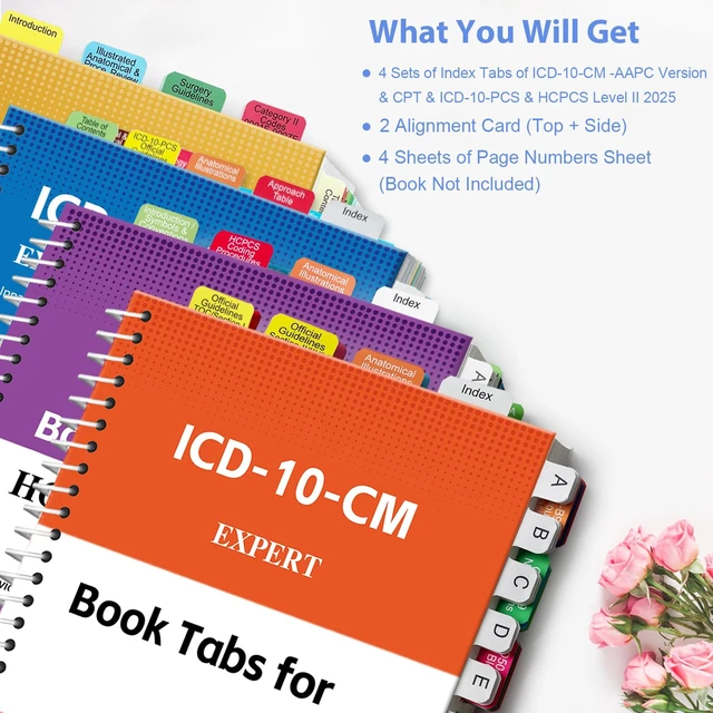 Alt view image 2 of 7 - Index Tabs for CPT, AAPC Version ICD-10-CM, HCPCS Level II & ICD-10-PCS 2026, 4 Set Bundles Set (Book not Included), Color-Coded with Code Ranges, Laminated & Waterproof & Repositionable