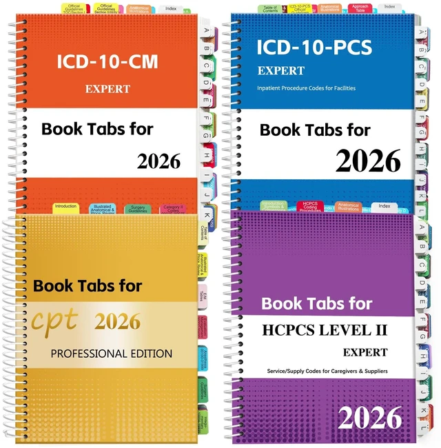 Main image of Index Tabs for CPT, AAPC Version ICD-10-CM, HCPCS Level II & ICD-10-PCS 2026, 4 Set Bundles Set (Book not Included), Color-Coded with Code Ranges, Laminated & Waterproof & Repositionable