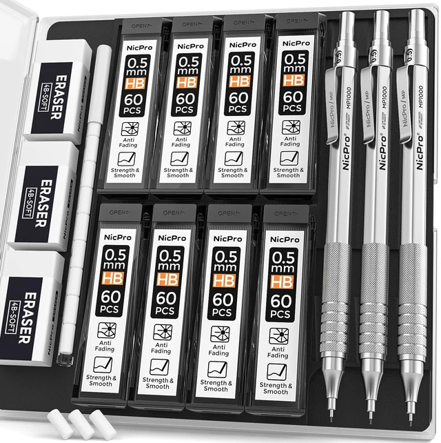 Main image of Metal Mechanical Pencil Set with Case, 0.5mm Art Pencil, 3 Pack Mechanical Pencil Bulk, 480PCS HB Lead Refills, 3 Erasers,9 Eraser Refills For Writing Drafting, Drawing, Sketching