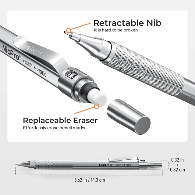Alt view image 3 of 7 - Metal Mechanical Pencil Set with Case, 0.5mm Art Pencil, 3 Pack Mechanical Pencil Bulk, 480PCS HB Lead Refills, 3 Erasers,9 Eraser Refills For Writing Drafting, Drawing, Sketching