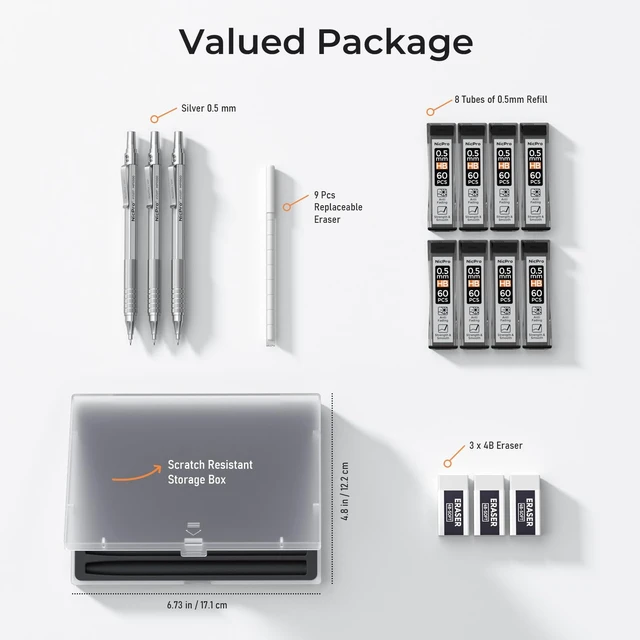Alt view image 7 of 7 - Metal Mechanical Pencil Set with Case, 0.5mm Art Pencil, 3 Pack Mechanical Pencil Bulk, 480PCS HB Lead Refills, 3 Erasers,9 Eraser Refills For Writing Drafting, Drawing, Sketching