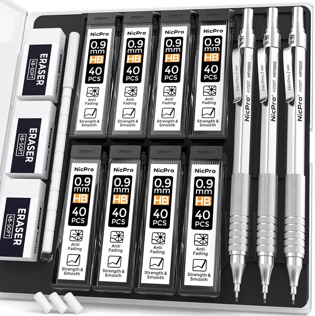 Main image of 0.9 mm Metal Mechanical Pencil Set with Case 3PCS MP1000 0.9mm Drafting Pencil, 480PCS HB Lead Refills, 3PCS Eraser&Refills for Artist Writing, Drawing, Sketching, Silver
